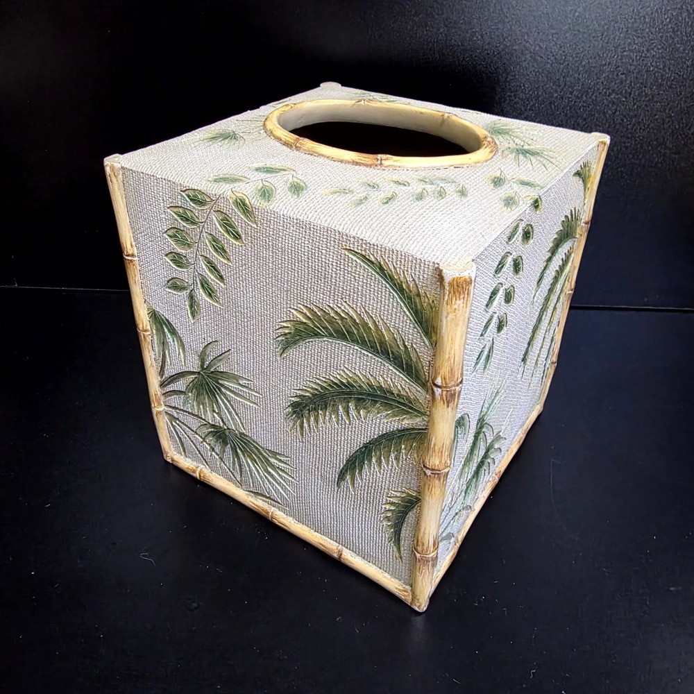 Bali Tissue Holder Boutique Box Cover Beige Green Tropical Palm Bamboo Decor